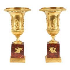 Pair of Empire Ormolu Bronze and Rouge Marble Campana Vases