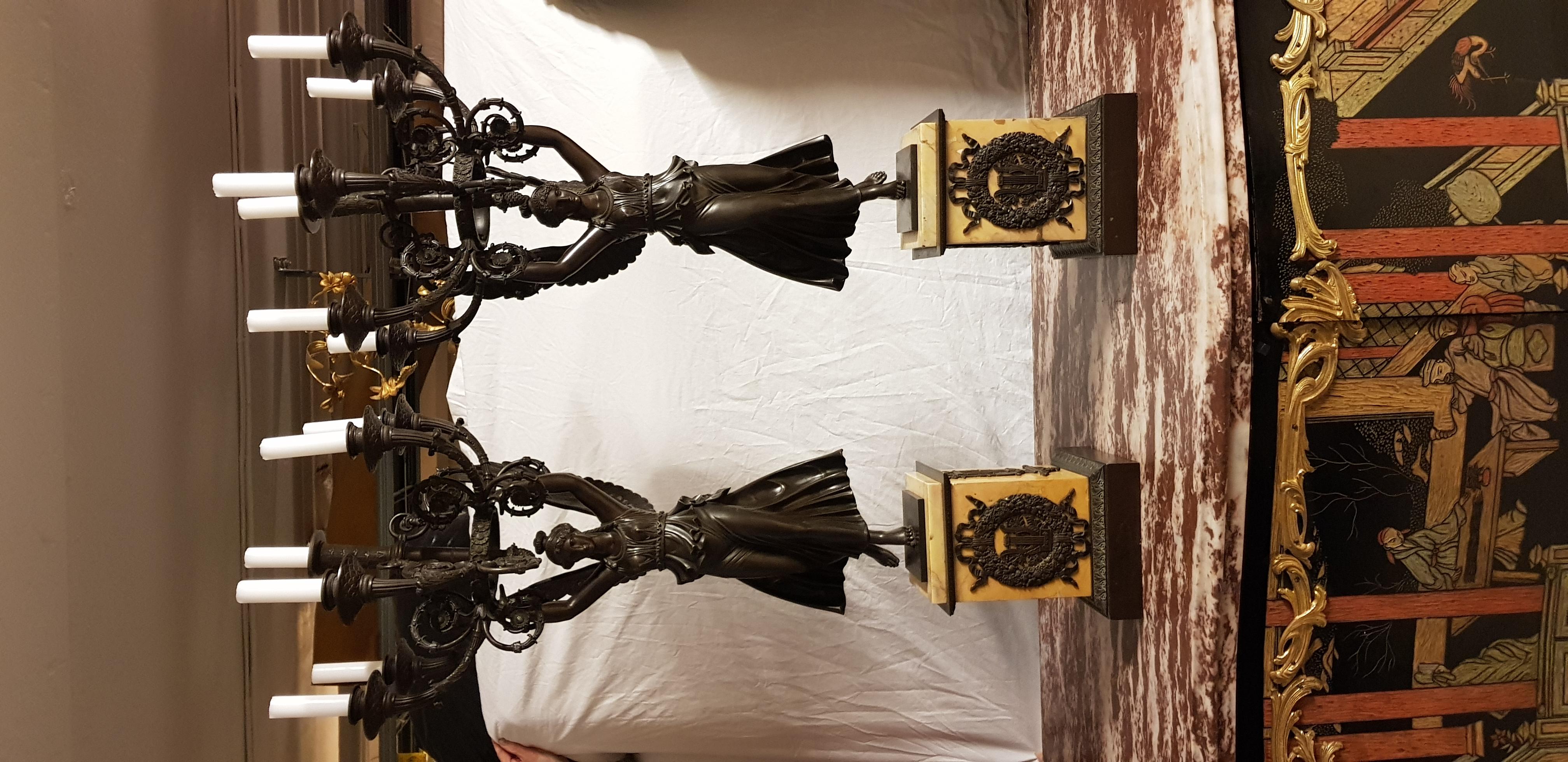 19th Century Pair of Empire Patinated Bronze Candelabra Attributed to Thomire For Sale