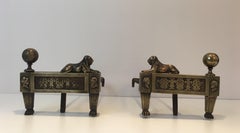 Paire de chenets d'époque Empire en bronze avec lions:: français:: vers 1850