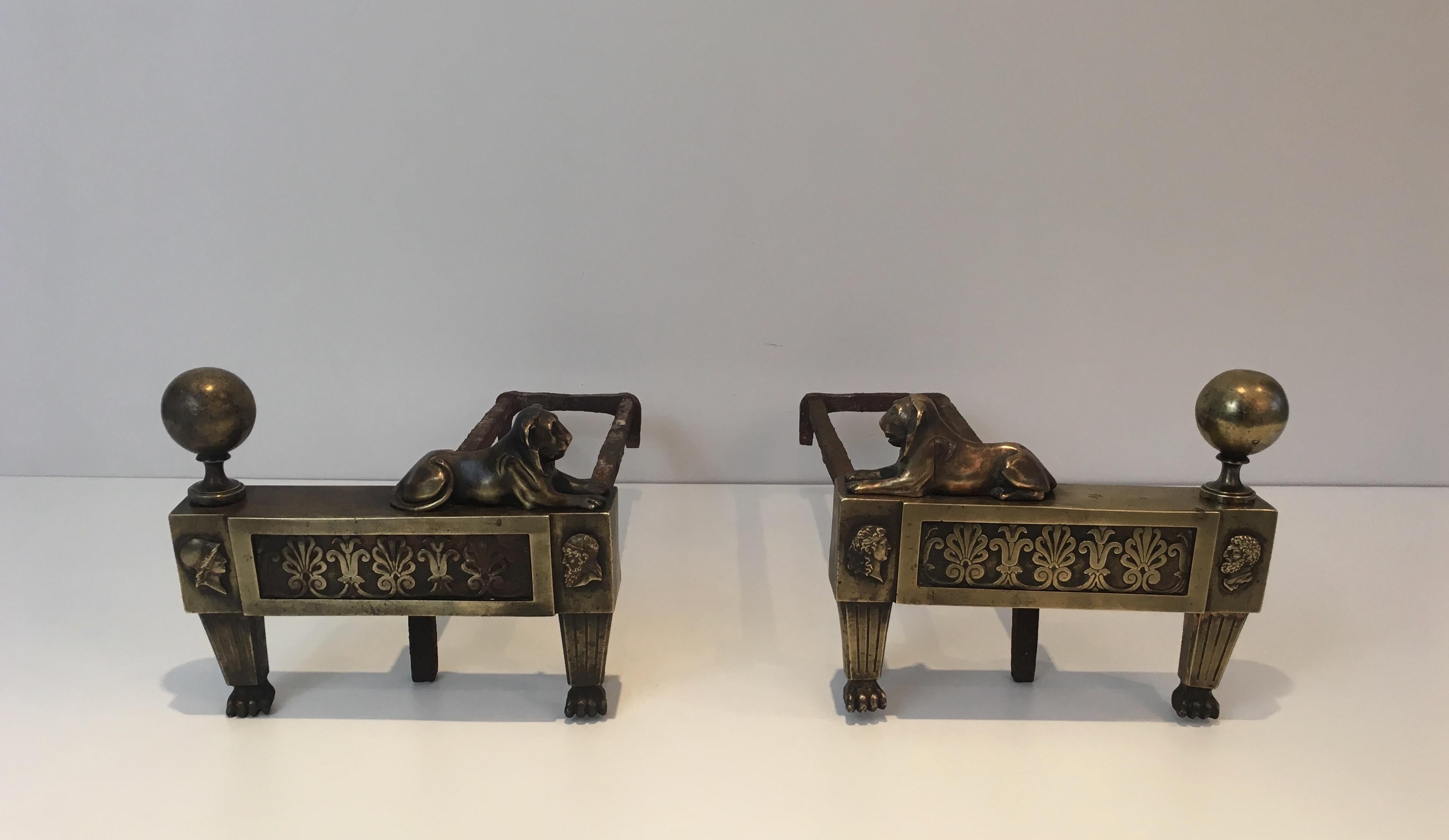 Pair of Empire Period Bronze Andirons with Lions, French, circa 1850 For Sale 16