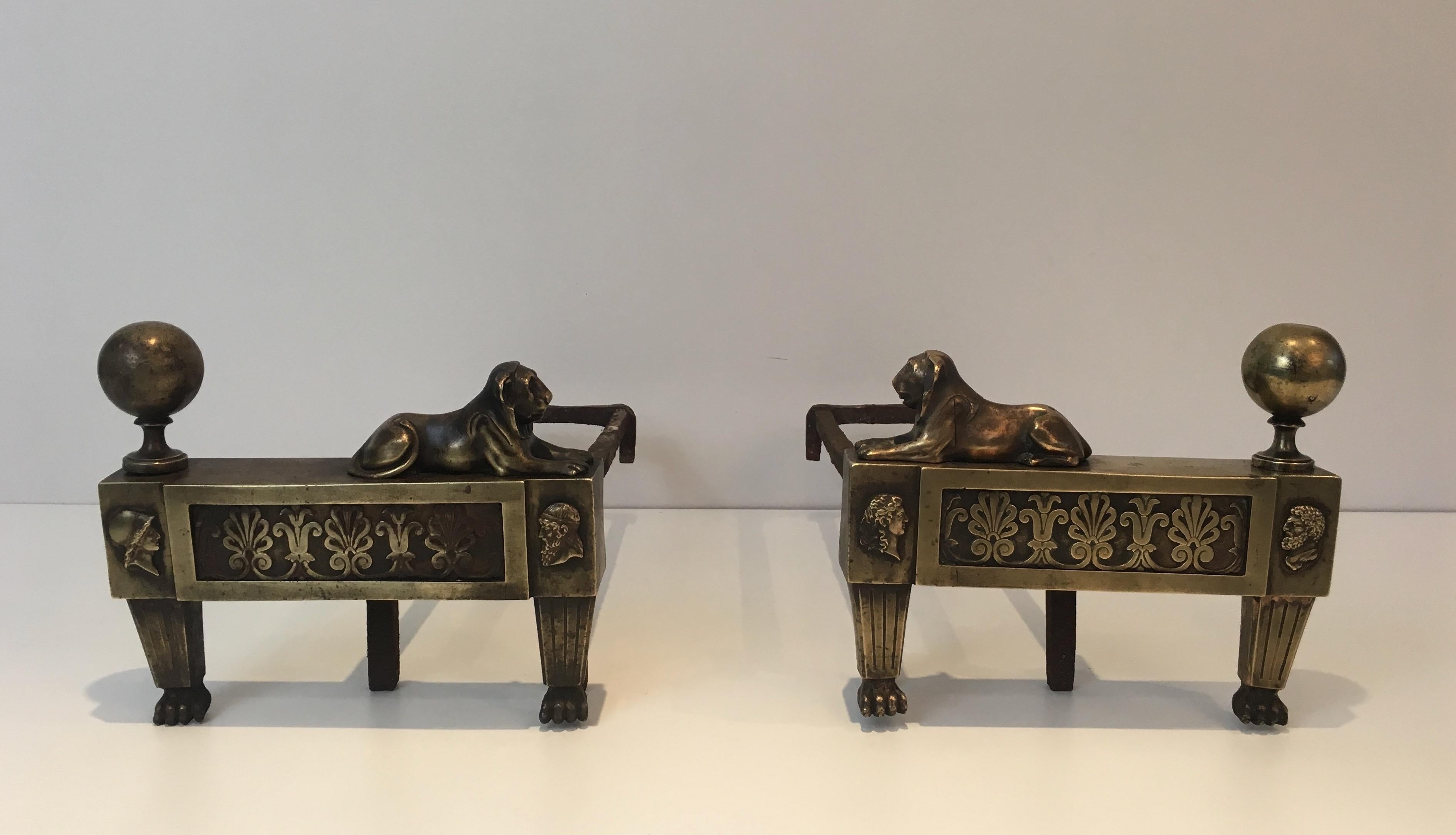 Pair of Empire Period Bronze Andirons with Lions, French, circa 1850 In Good Condition For Sale In Marcq-en-Barœul, Hauts-de-France