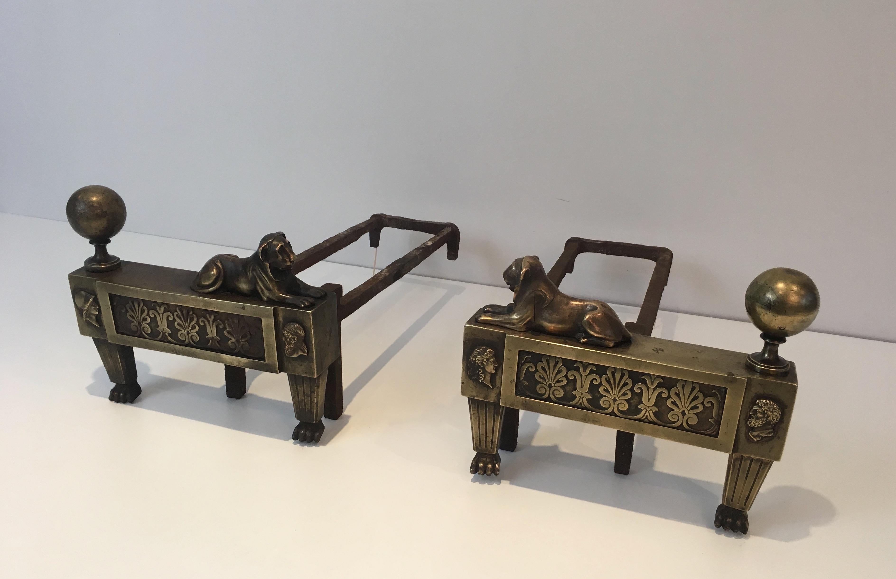 Mid-19th Century Pair of Empire Period Bronze Andirons with Lions, French, circa 1850 For Sale