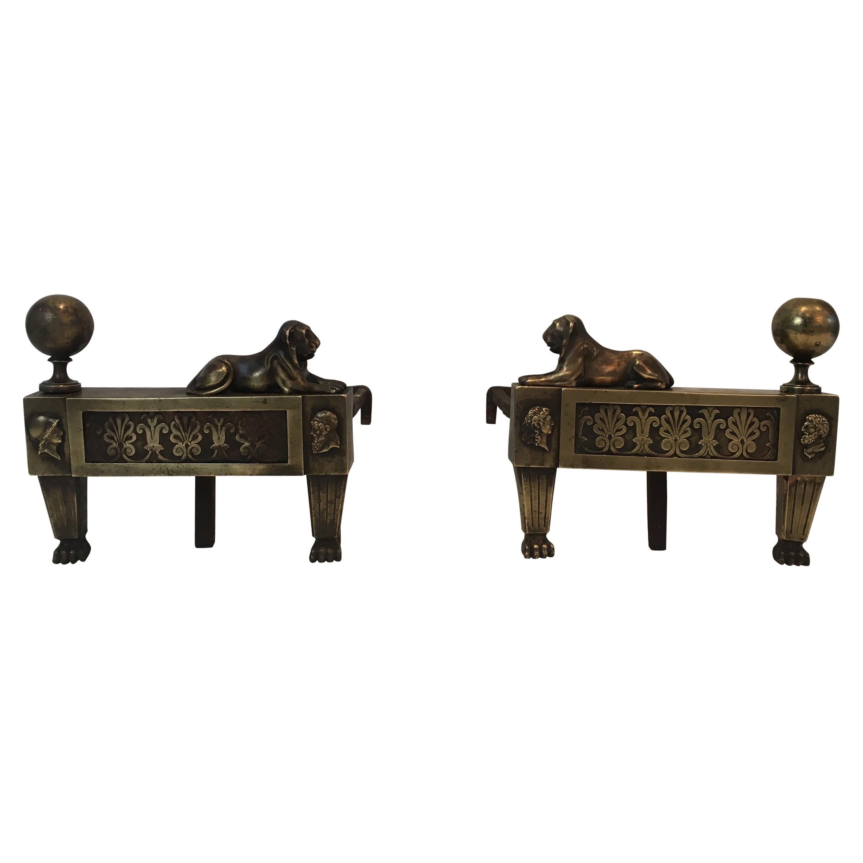 Pair of Empire Period Bronze Andirons with Lions, French, circa 1850
