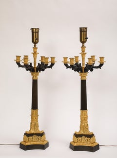 Pair of Empire Period French Ormolu and Patinated Bronze Multi-Arm Candelabra