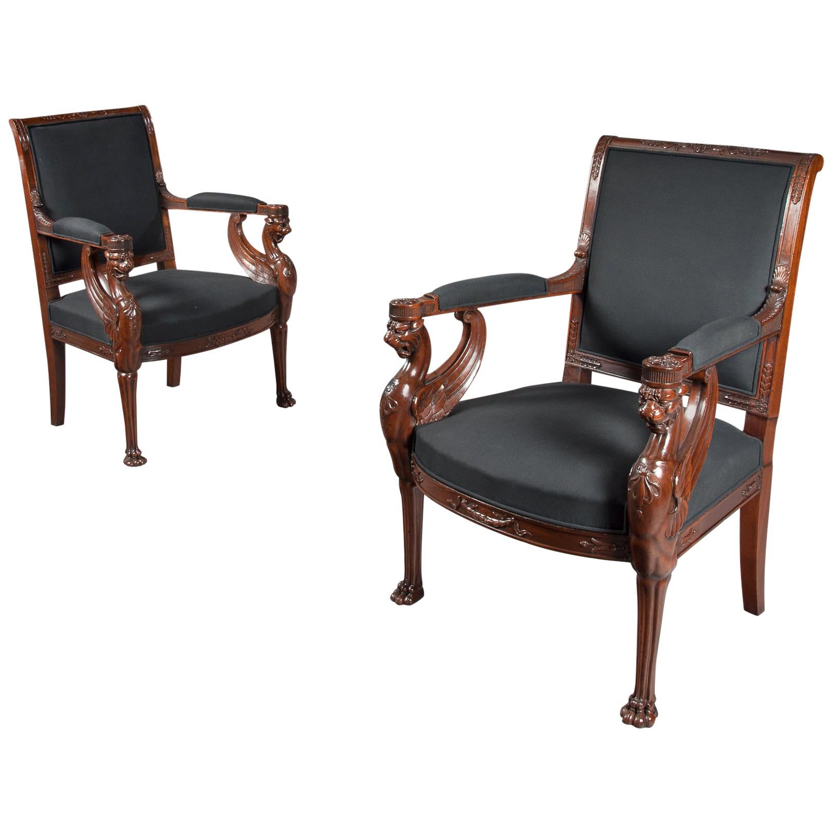 Pair of Empire Period Mahogany Fauteuils, Armchairs