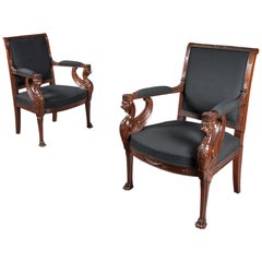 Antique Pair of Empire Period Mahogany Fauteuils, Armchairs