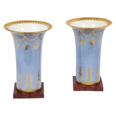 Pareja de jarrones de porcelana de Sèvres de época imperio, azul pálido y fondo de falso pórfido