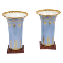 Paire de vases d'époque Empire en porcelaine de Sèvres bleu pâle et faux porphyre sur fond