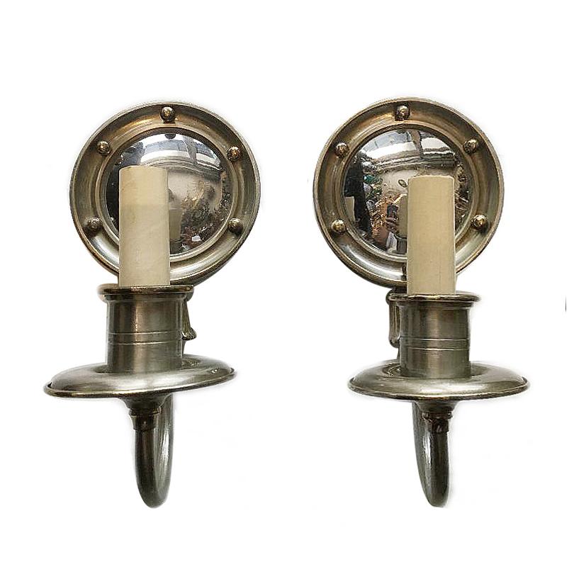 French Pair of Empire Pewter Mirrored Sconces