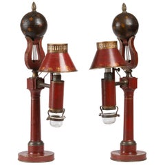 Antique Pair of Empire Red Tole Oil Lamps 'Lampes A Quinquet'