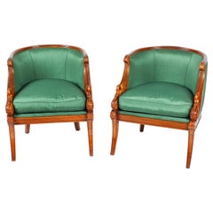 Pair of Empire Revival Gilded Swan Neck Walnut Armchairs, 20th Century