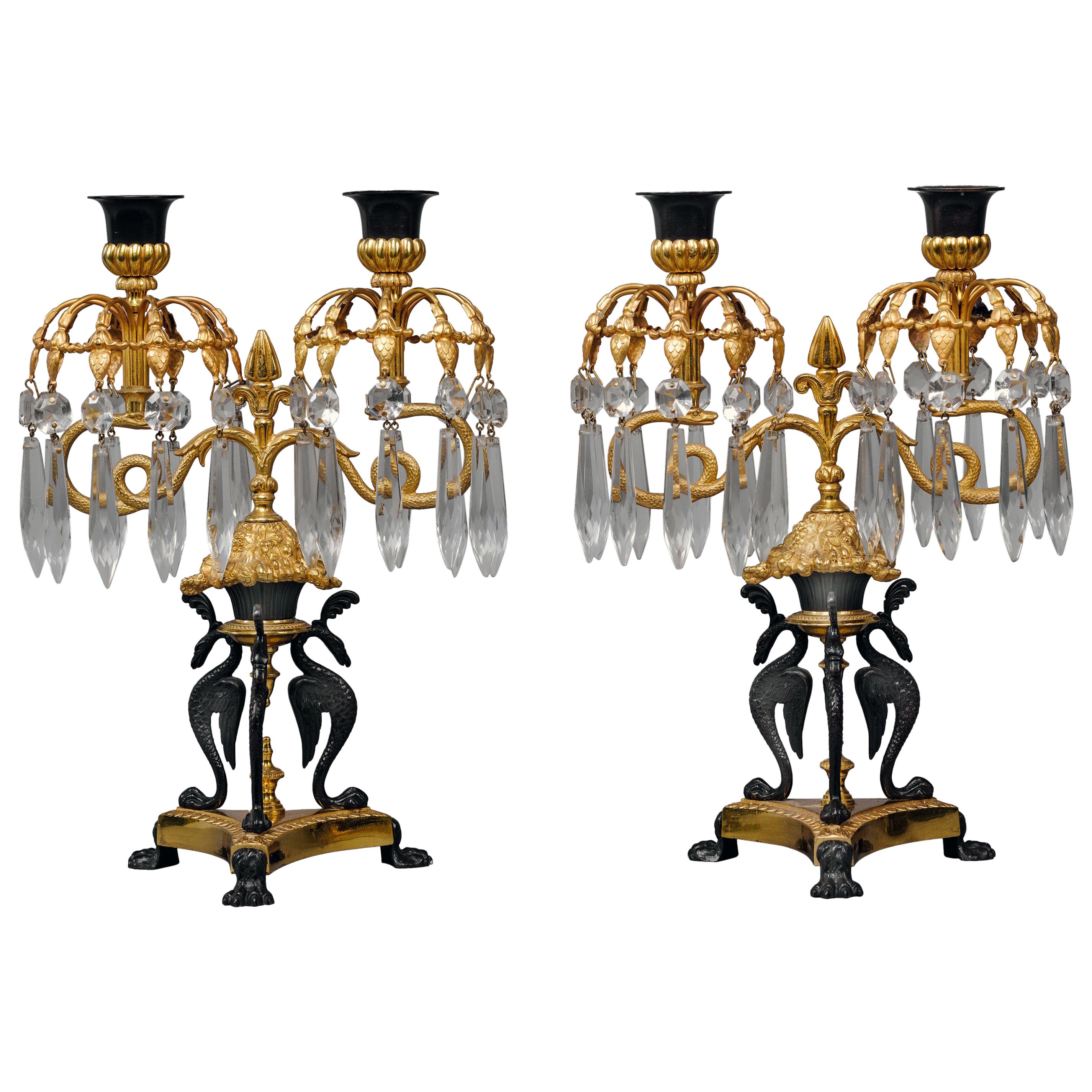 Pair of Empire Revival Twin-Light Lustre Candelabra For Sale