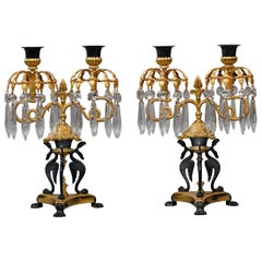 Antique Pair of Empire Revival Twin-Light Lustre Candelabra