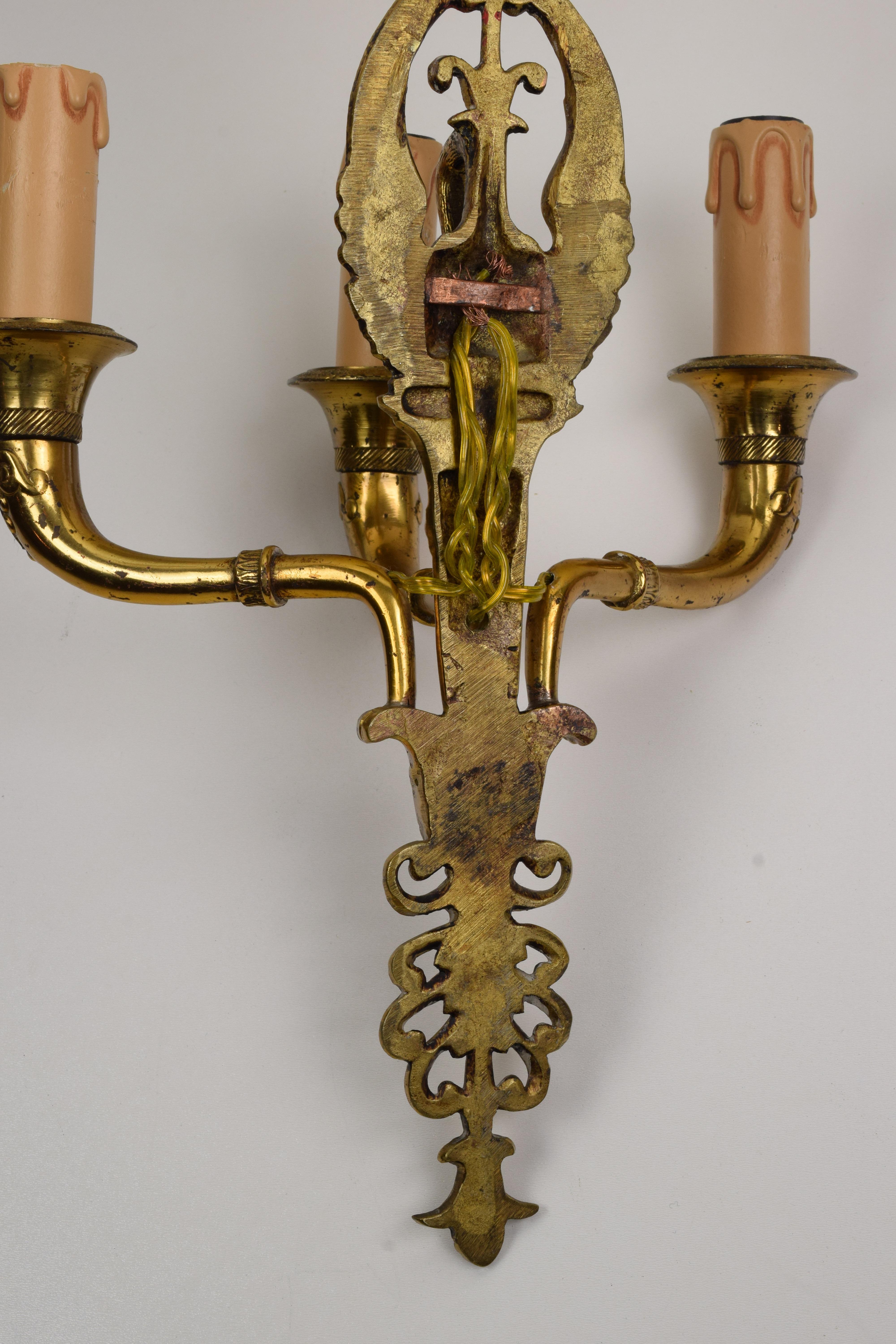 Pair of Empire Sconces in Gilded Bronze with Three Lights, Early 20th Century For Sale 4