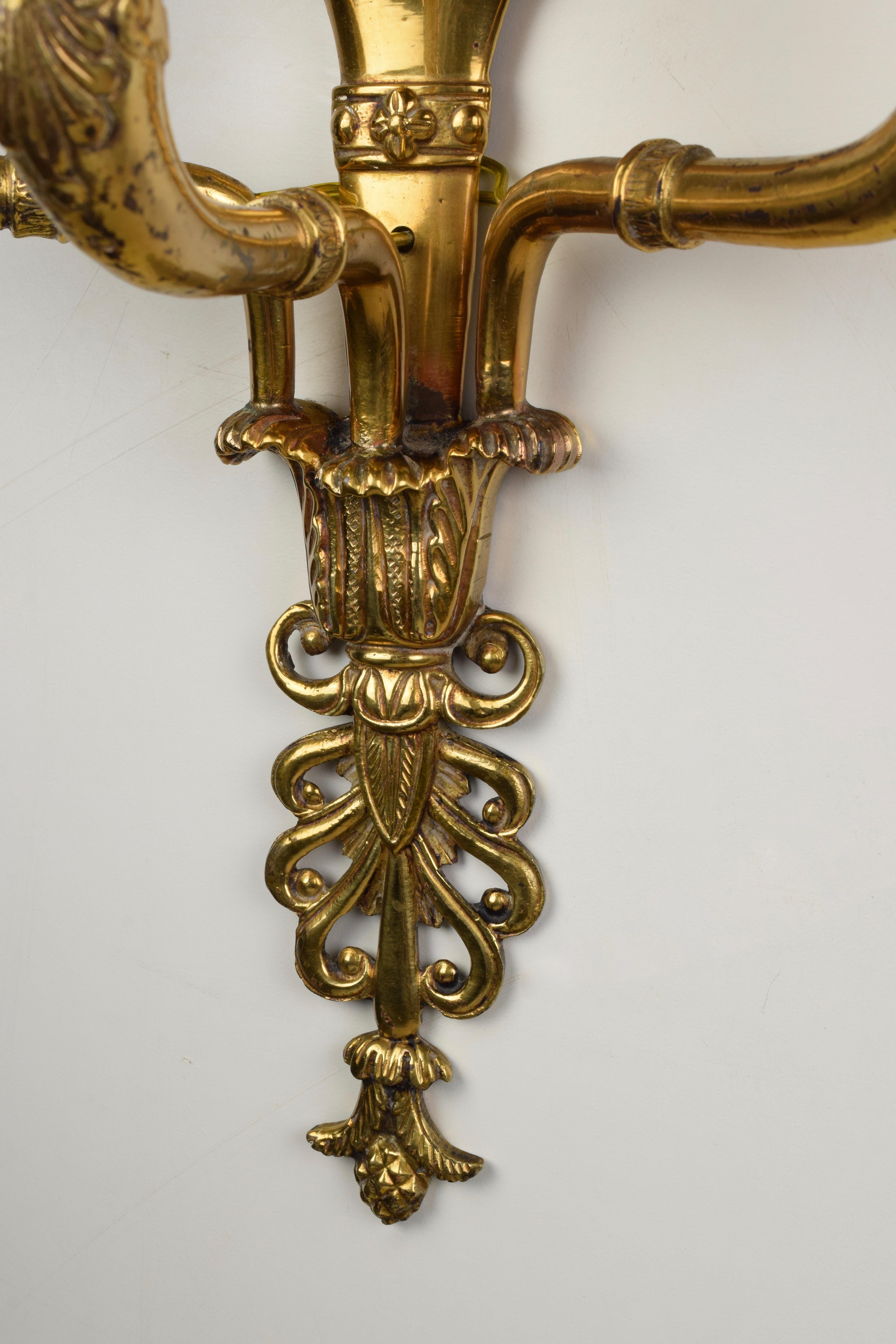 Pair of Empire Sconces in Gilded Bronze with Three Lights, Early 20th Century For Sale 3