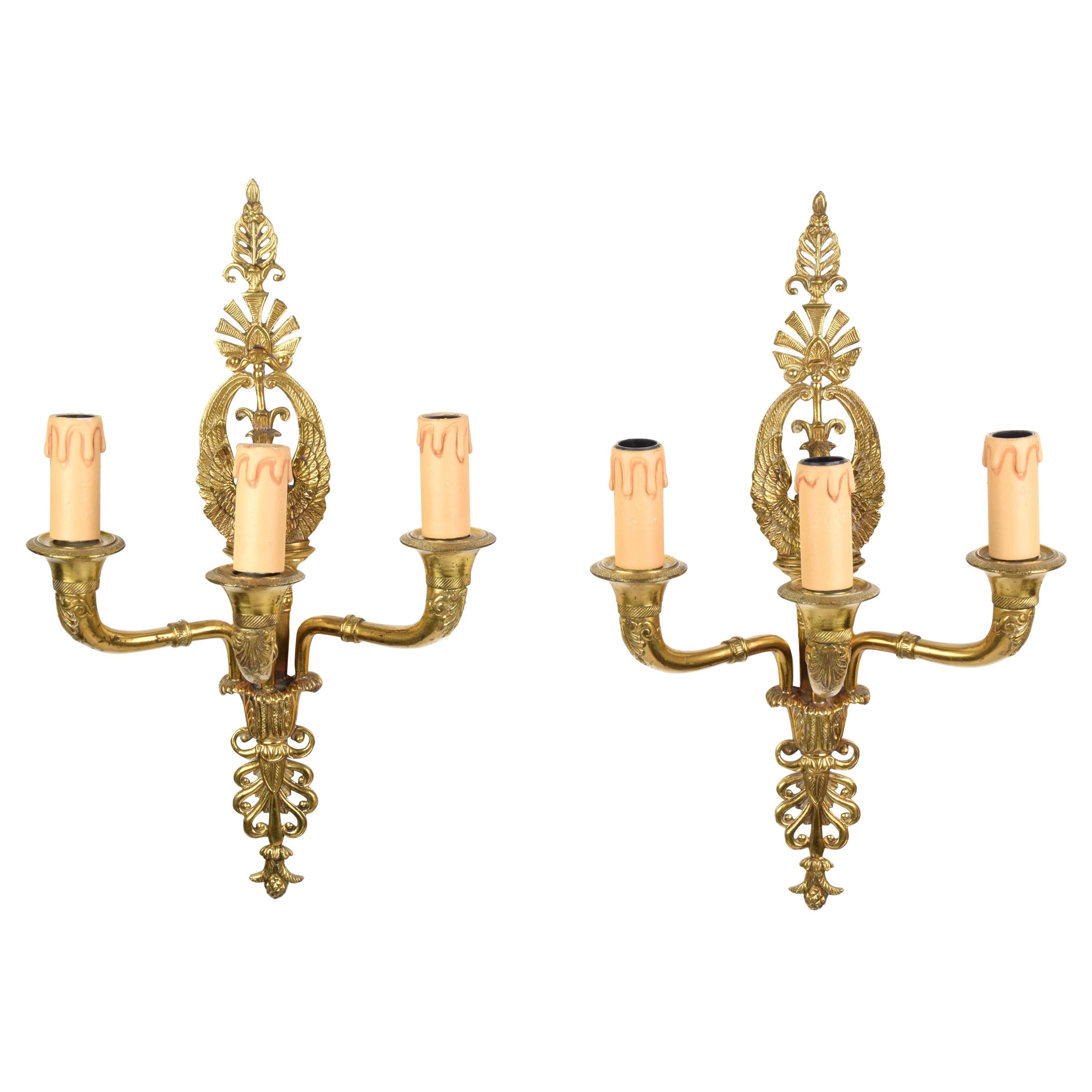 Pair of Empire Sconces in Gilded Bronze with Three Lights, Early 20th Century For Sale