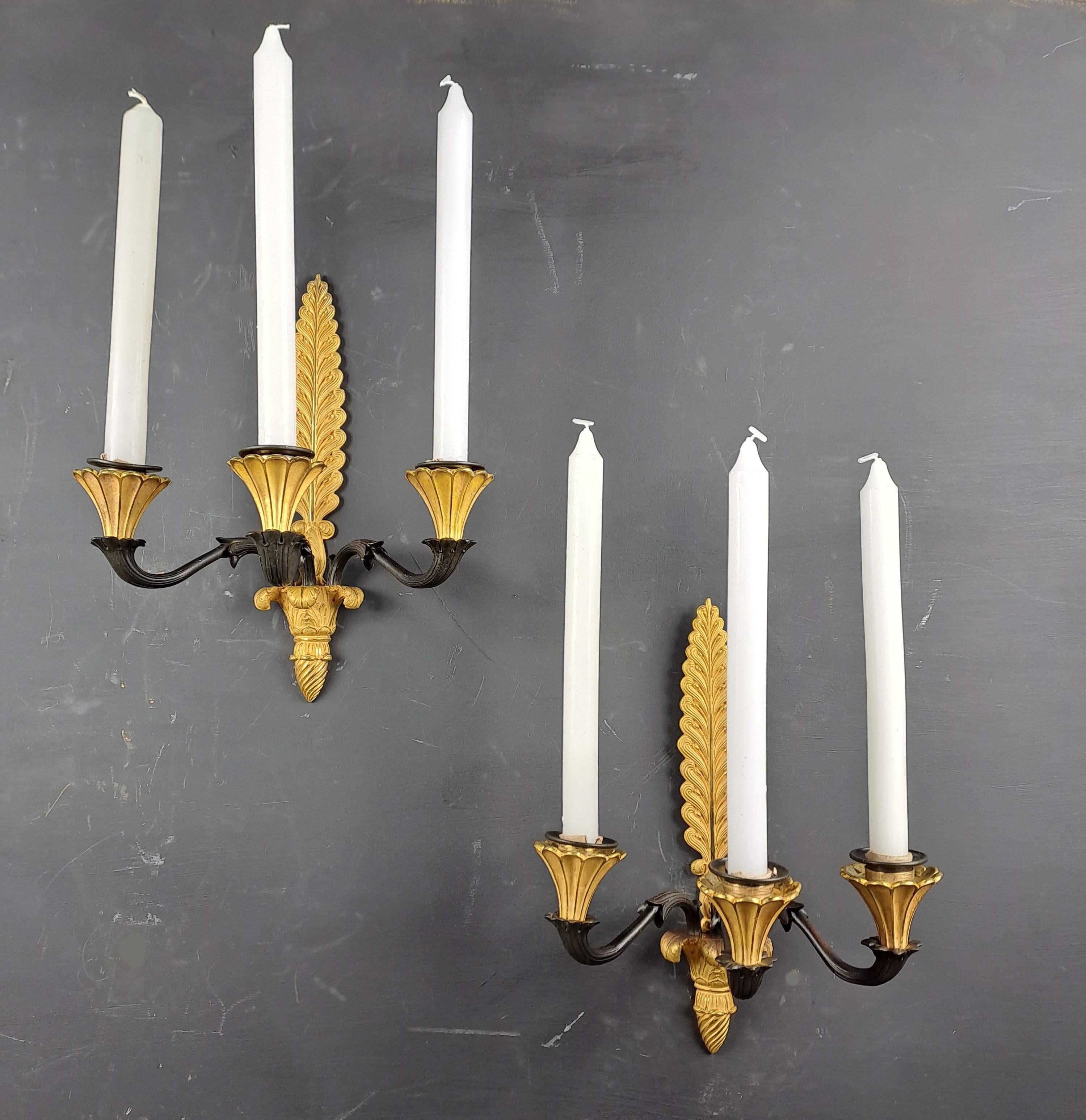 Beautiful pair of Empire sconces in very finely chiseled bronze with double golden and brown patina.
Three sconces, plate with palmette decoration, superb conical honeycomb binets.

Parisian work around 1810, original mercury gilding of incredible