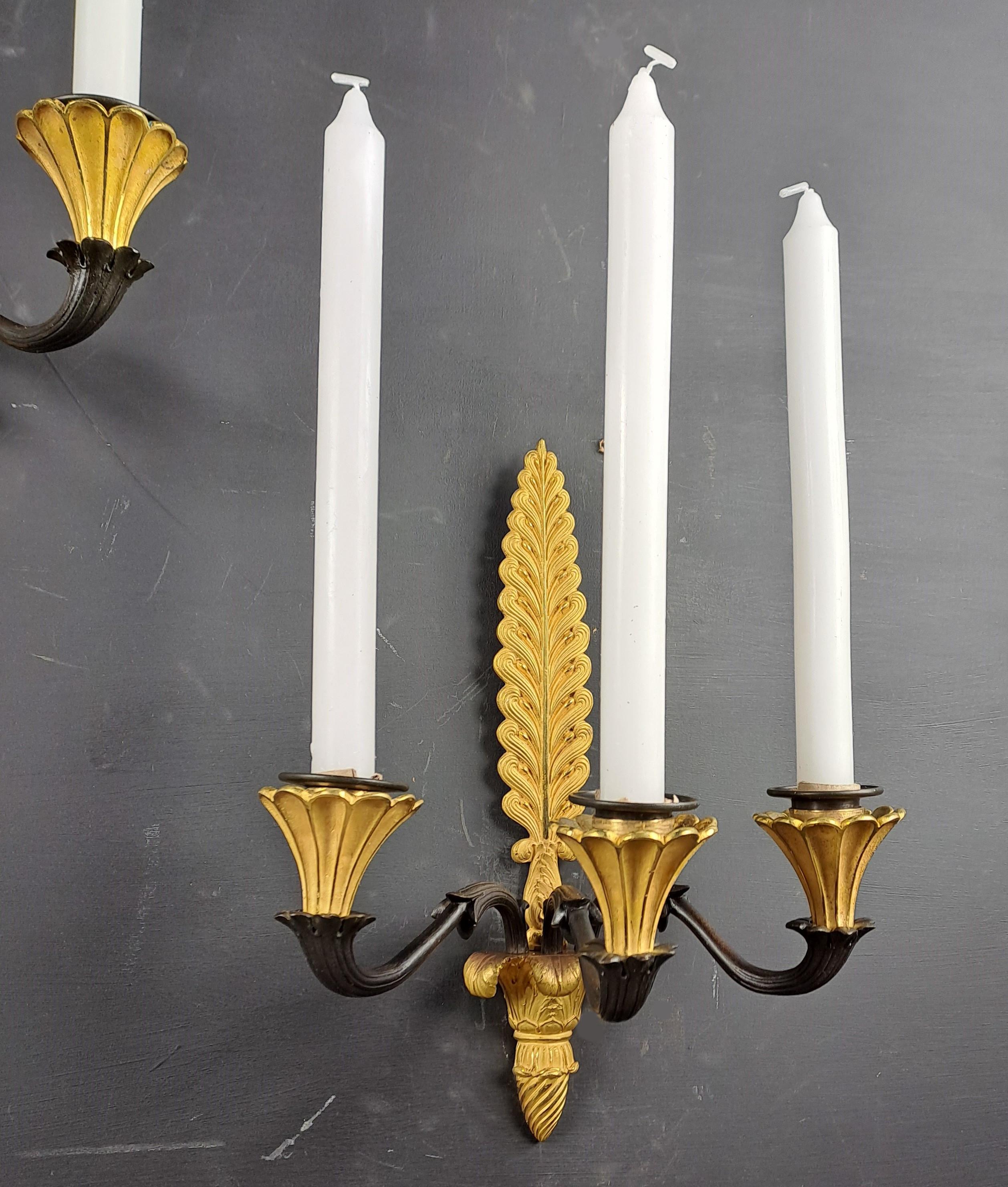French Pair Of Empire Sconces In Gilt And Patinated Bronze For Sale
