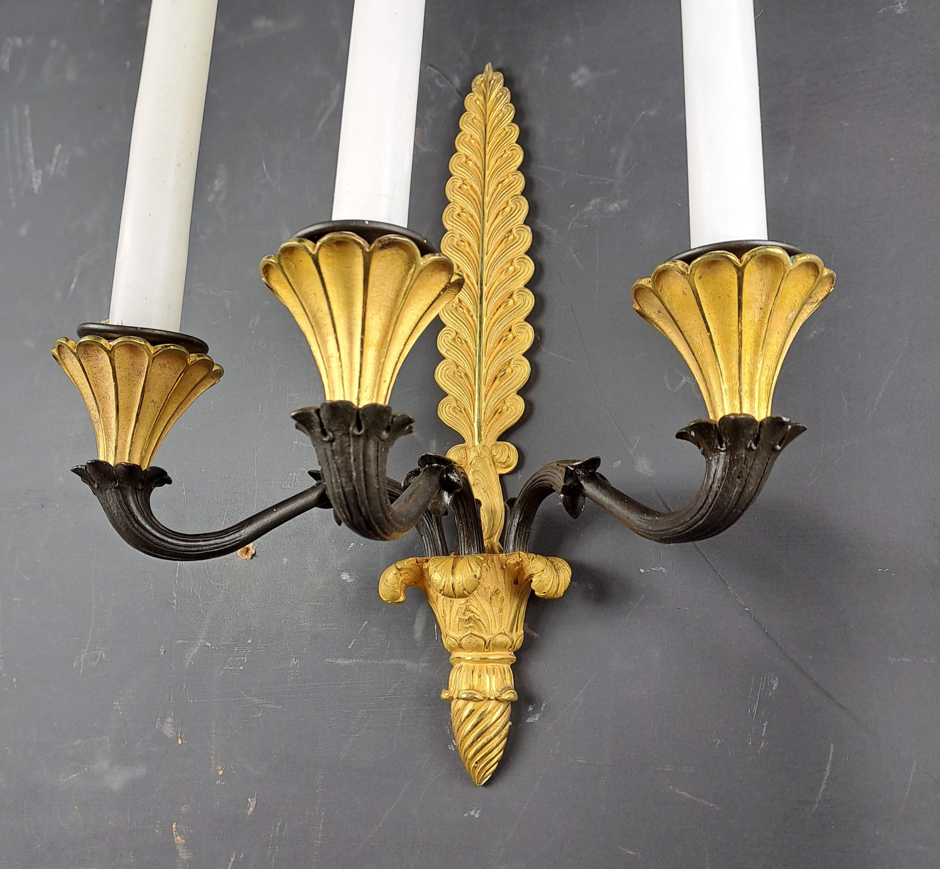 Pair Of Empire Sconces In Gilt And Patinated Bronze For Sale 1