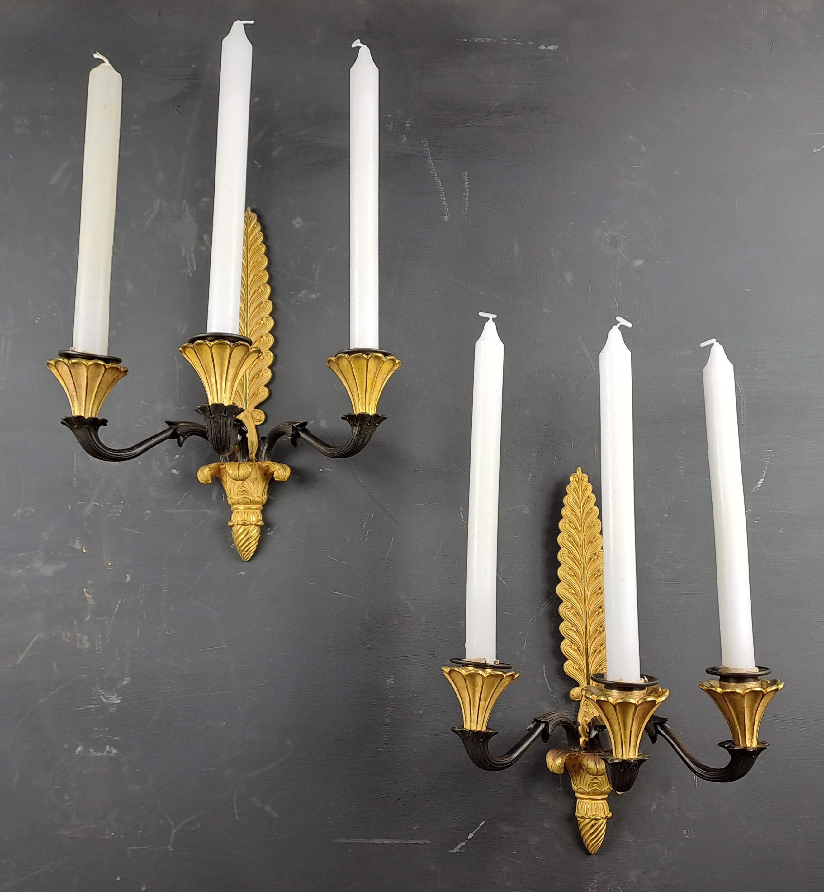 Pair Of Empire Sconces In Gilt And Patinated Bronze For Sale 2