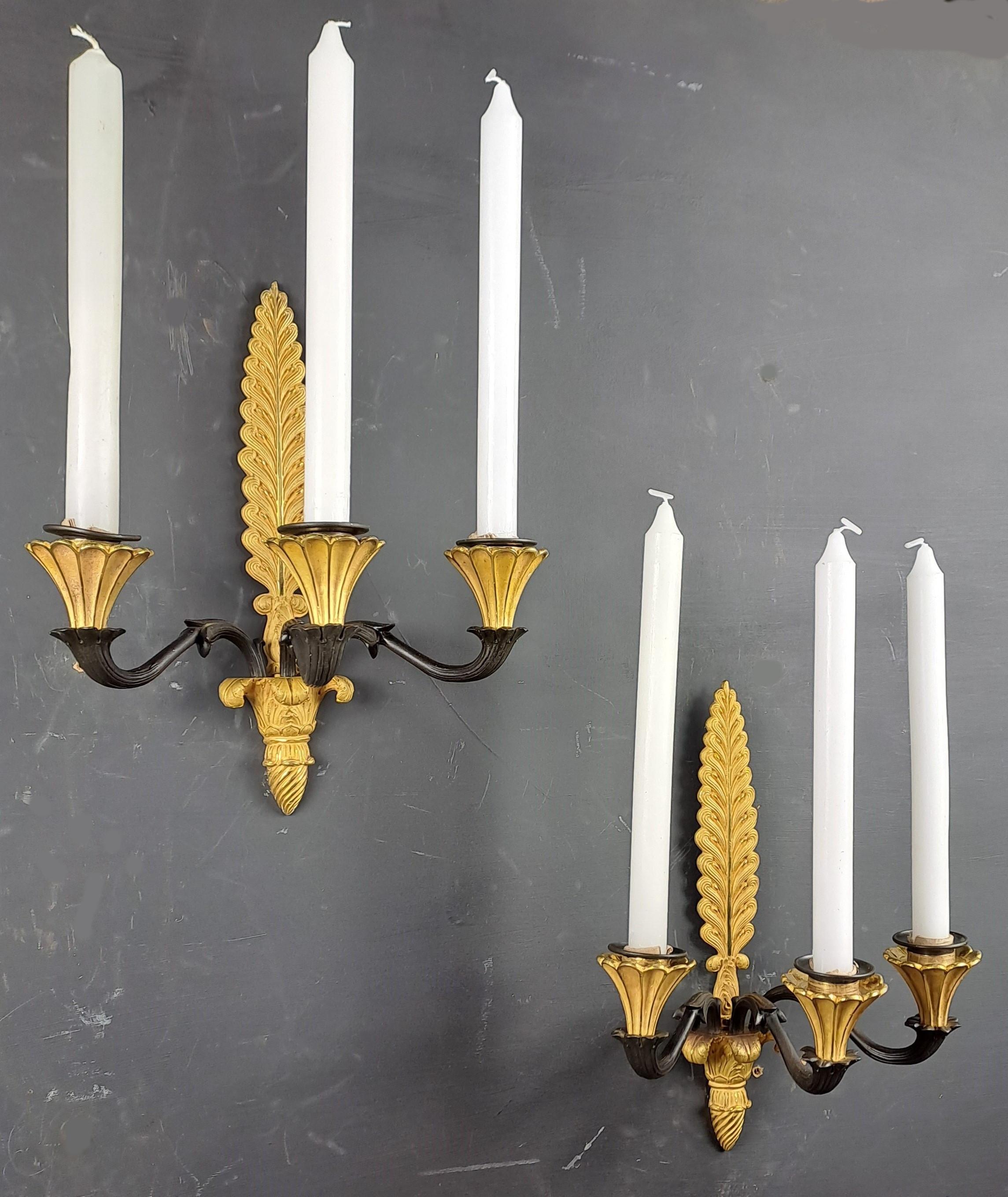 Pair Of Empire Sconces In Gilt And Patinated Bronze For Sale 4