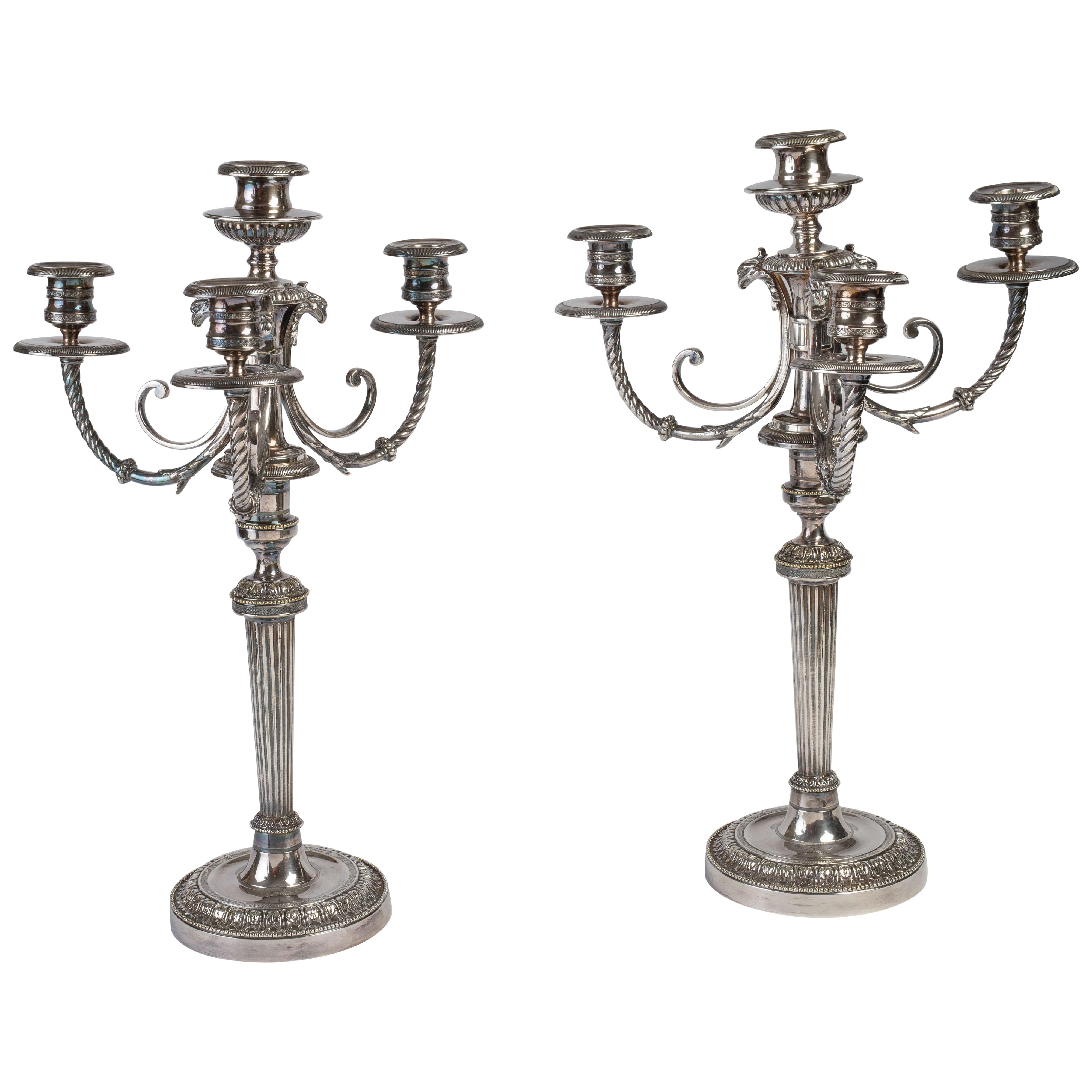 Pair of Empire Silvered Four-Light Candelabra