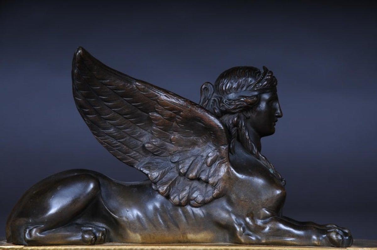 Pair of Empire Sphinx Chimneys, Brass Andirons, Paris 19th Century Napoleon III For Sale 5