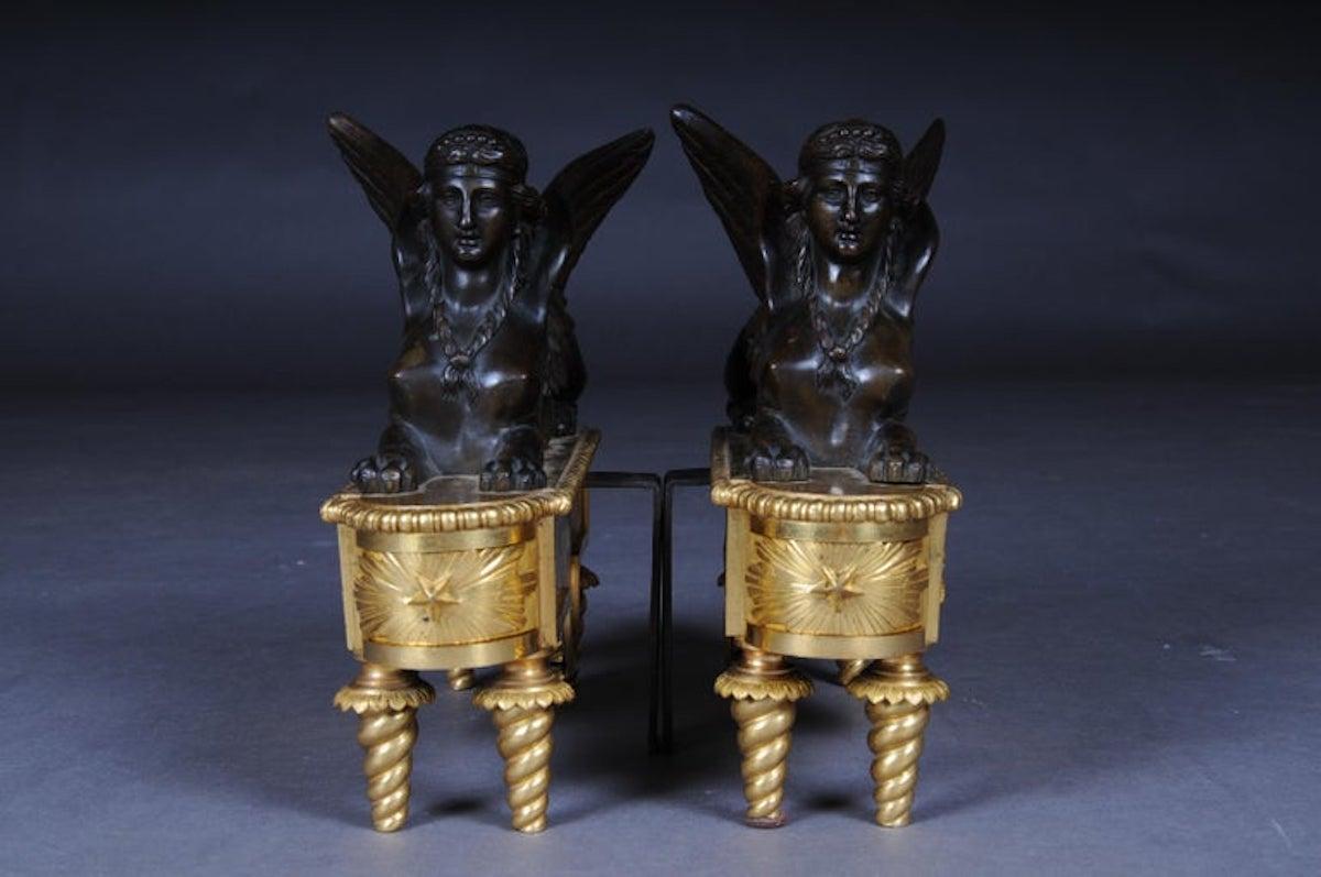 Pair of Empire Sphinx Chimneys, Brass Andirons, Paris 19th Century Napoleon III For Sale 7