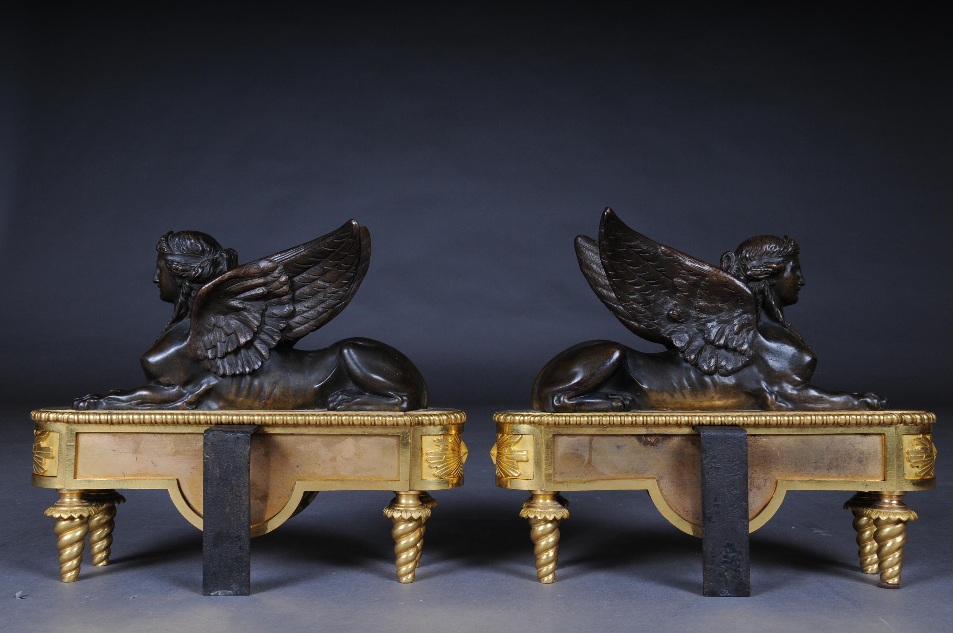 Pair of Empire Sphinx Chimneys, Brass Andirons, Paris 19th Century Napoleon III For Sale 8