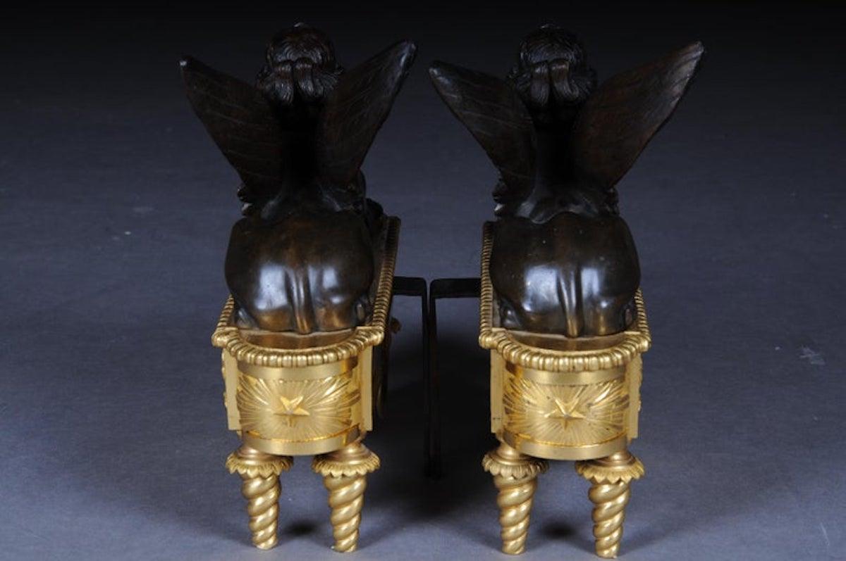 Pair of Empire Sphinx Chimneys, Brass Andirons, Paris 19th Century Napoleon III For Sale 9