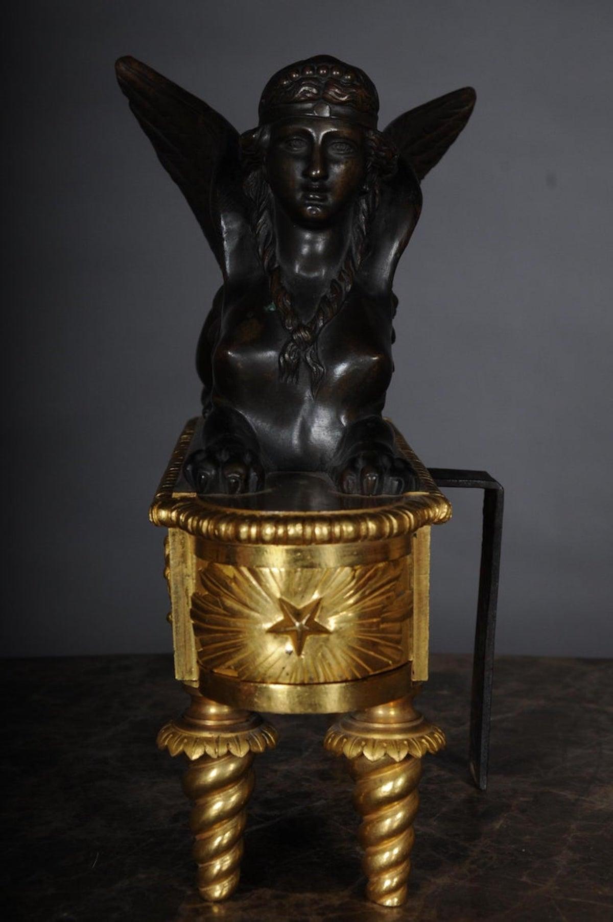 Pair of Empire Sphinx Chimneys, Brass Andirons, Paris 19th Century Napoleon III For Sale 13