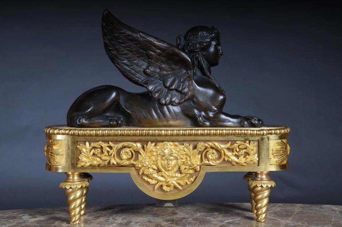 Gilt Pair of Empire Sphinx Chimneys, Brass Andirons, Paris 19th Century Napoleon III For Sale