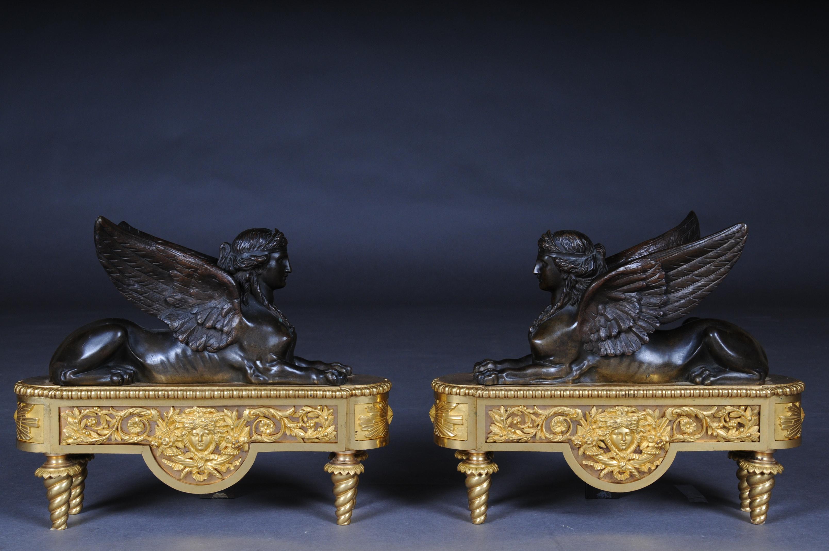 Gilt Pair of Empire Sphinx Chimneys, Brass Andirons, Paris 19th Century Napoleon III For Sale