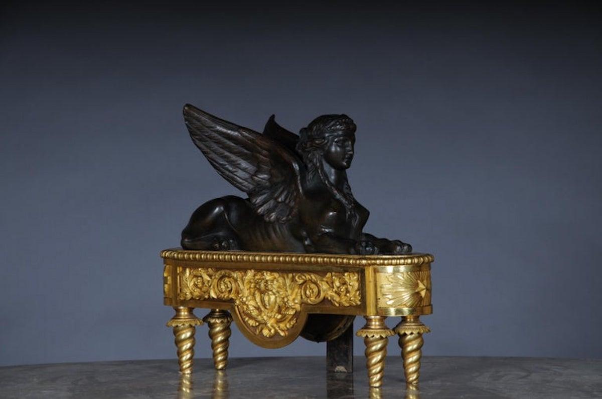 Pair of Empire Sphinx Chimneys, Brass Andirons, Paris 19th Century Napoleon III In Good Condition For Sale In Berlin, DE