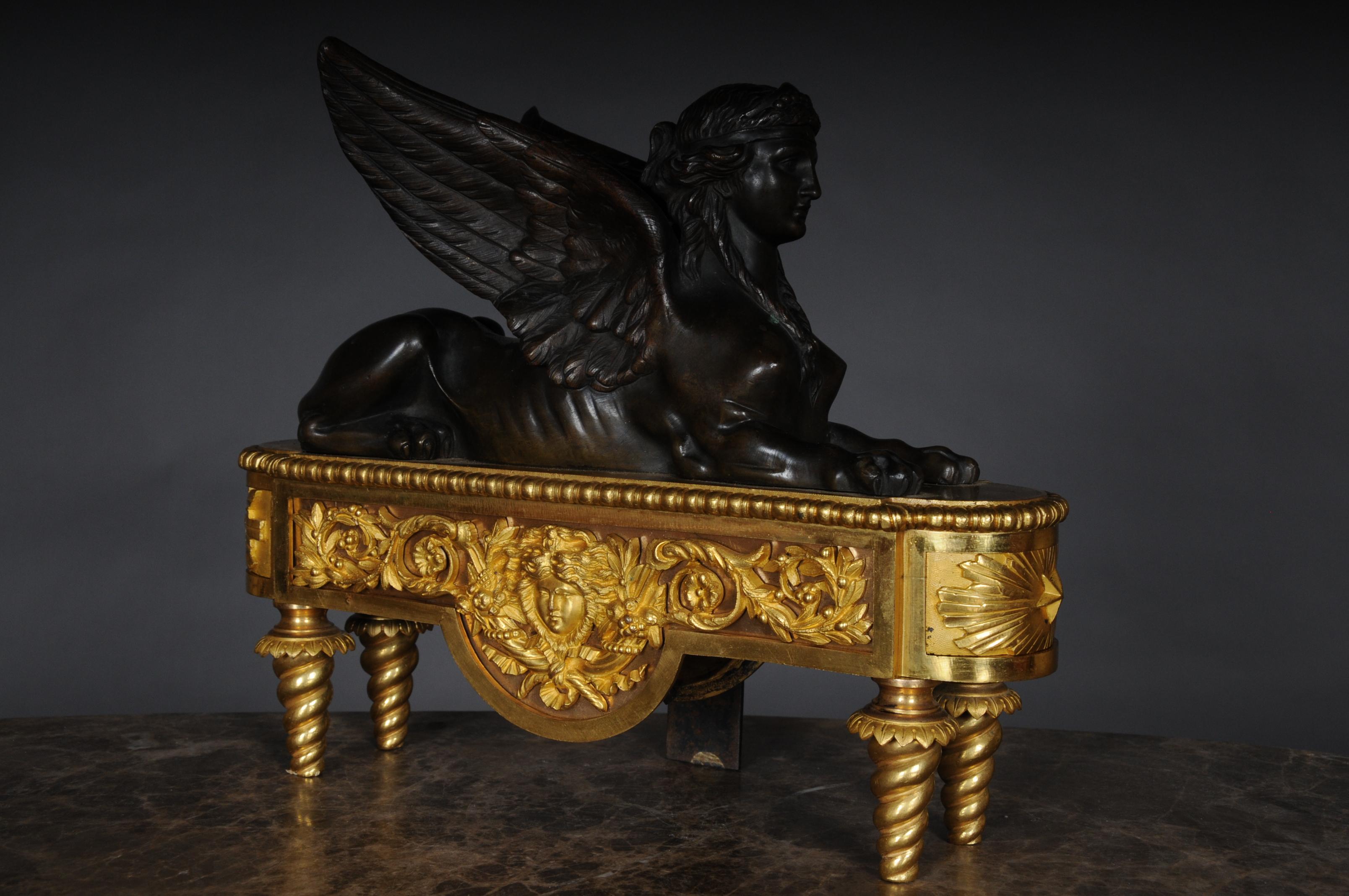 Pair of Empire Sphinx Chimneys, Brass Andirons, Paris 19th Century Napoleon III For Sale 2