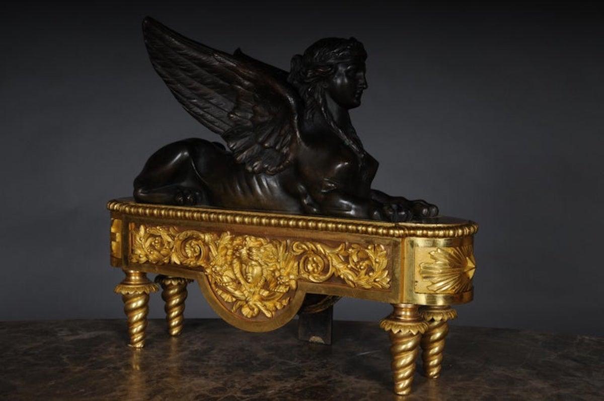Pair of Empire Sphinx Chimneys, Brass Andirons, Paris 19th Century Napoleon III For Sale 3