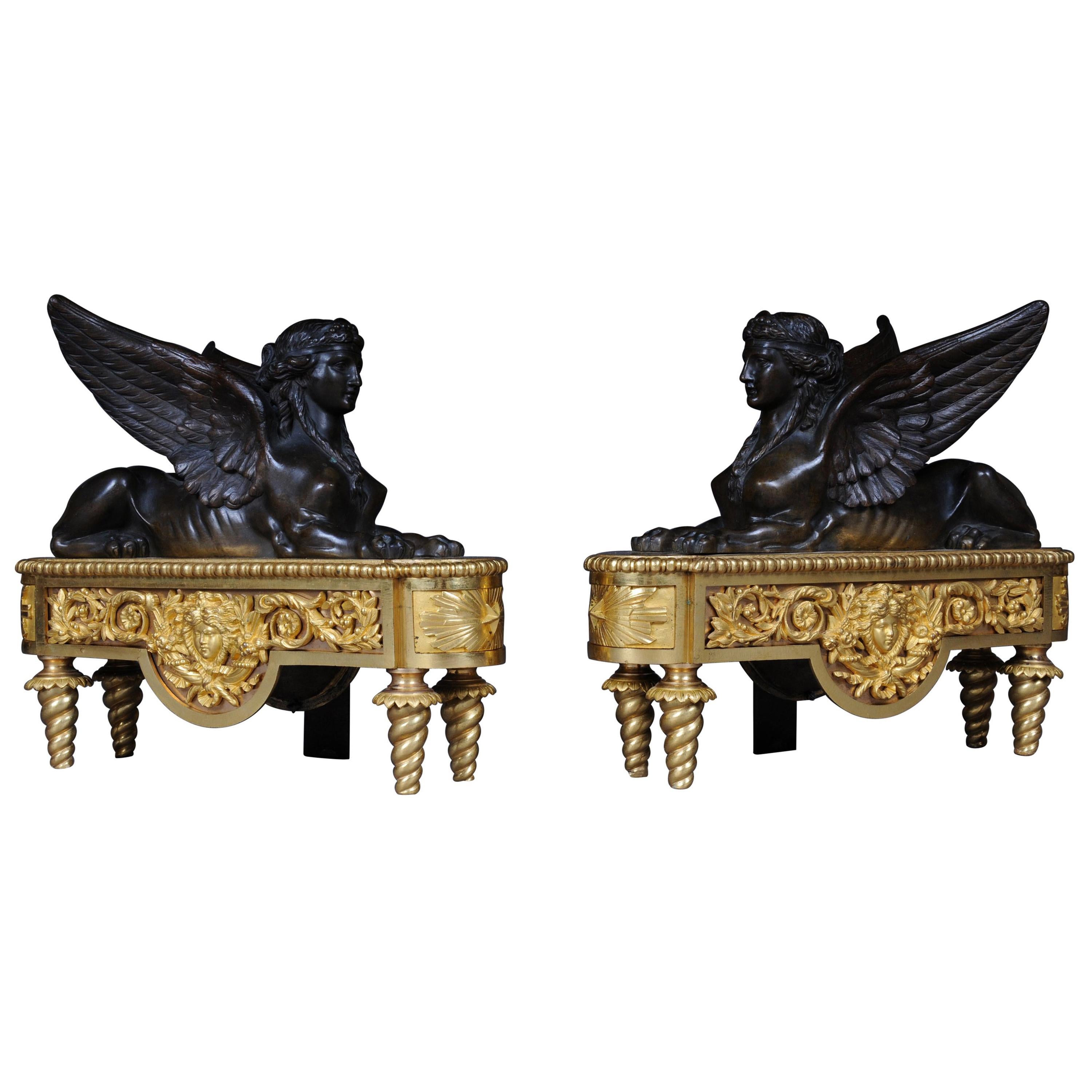 Pair of Empire Sphinx Chimneys, Brass Andirons, Paris 19th Century Napoleon III For Sale