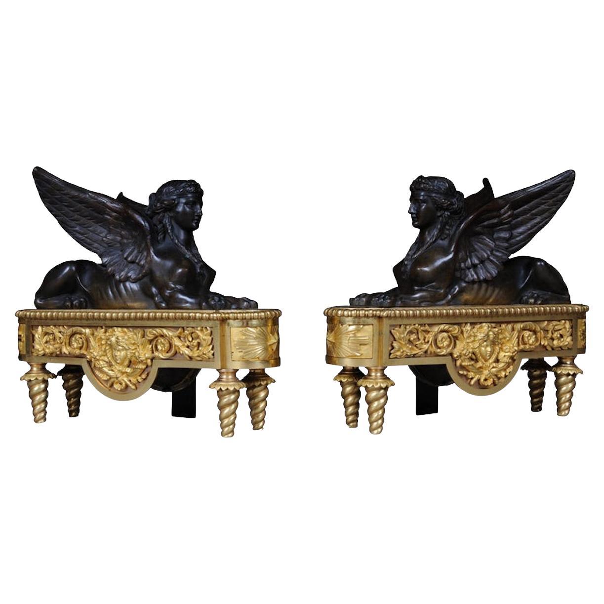 Paire de cheminées Empire Sphinx, chenets en laiton, Paris 19ème siècle Napoléon III