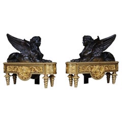 Paar Empire- Sphinx-Kamine, Messing-Feuerböcke, Paris 19. Jahrhundert Napoleon III.-Periode