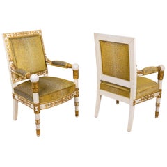 Pair of Empire Style Armchairs in Gilt and White Wood, 1950s