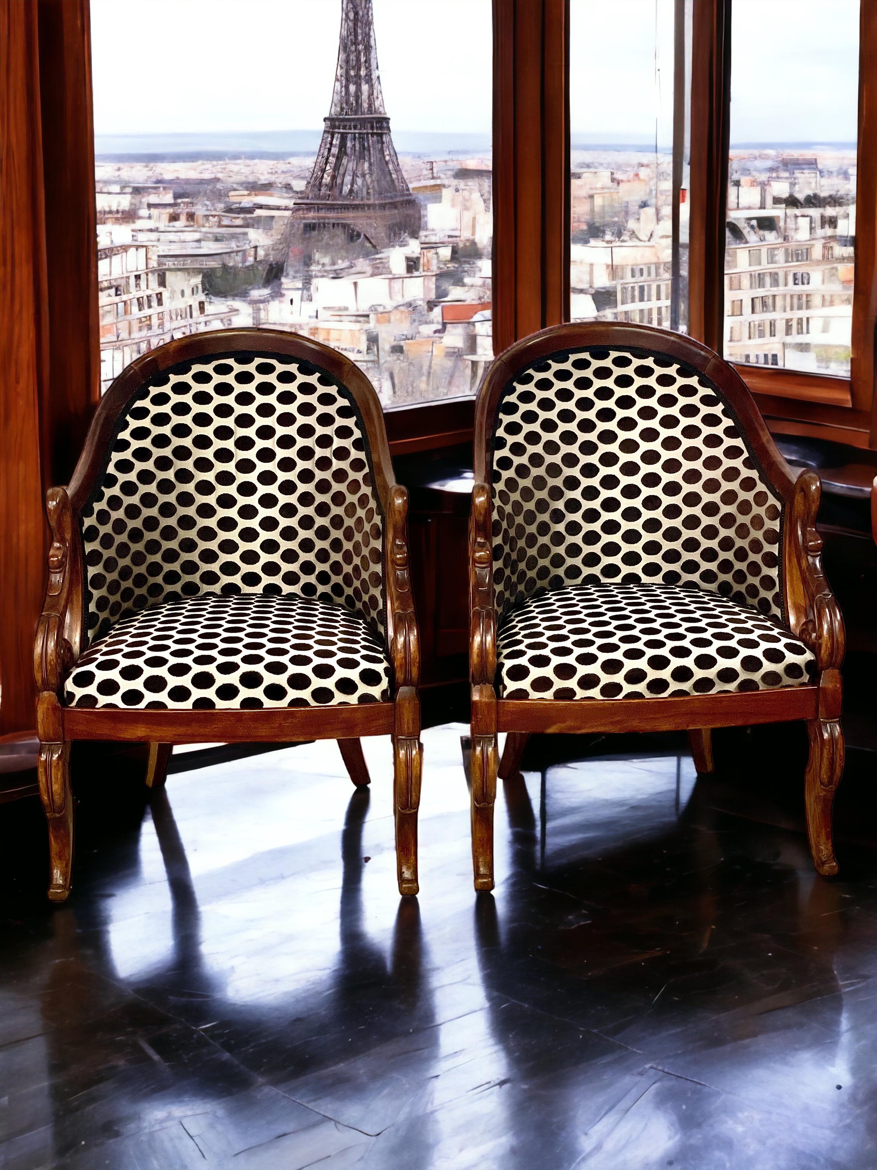 Pair of Empire Style Bergères Chairs with Gondola Shape Backrest For Sale 4
