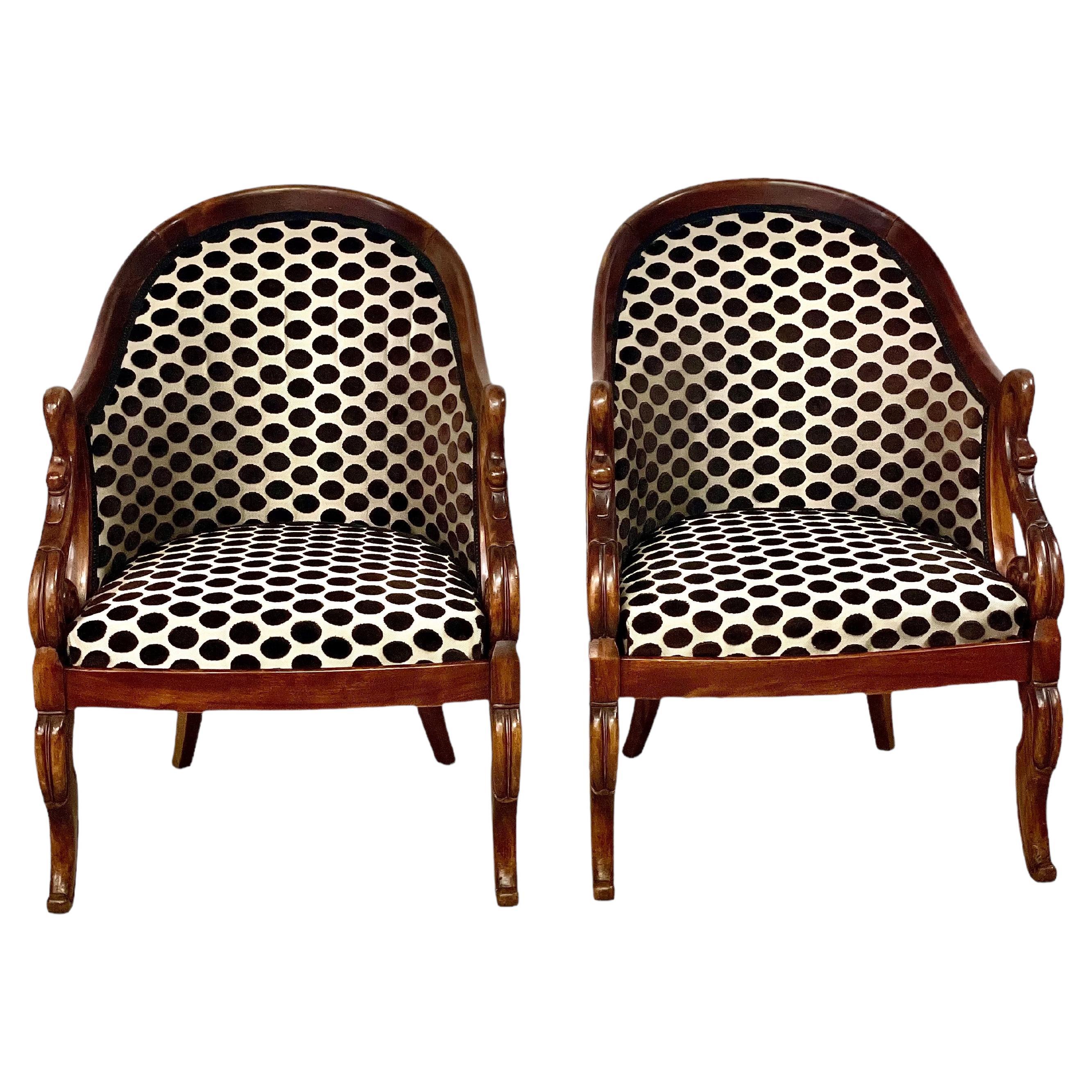 Pair of Empire Style Bergères Chairs with Gondola Shape Backrest For Sale