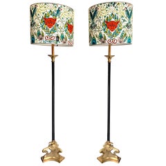 Pair of Empire Style Black Metal and Brass Floor Lamps with New Bespoke Shades