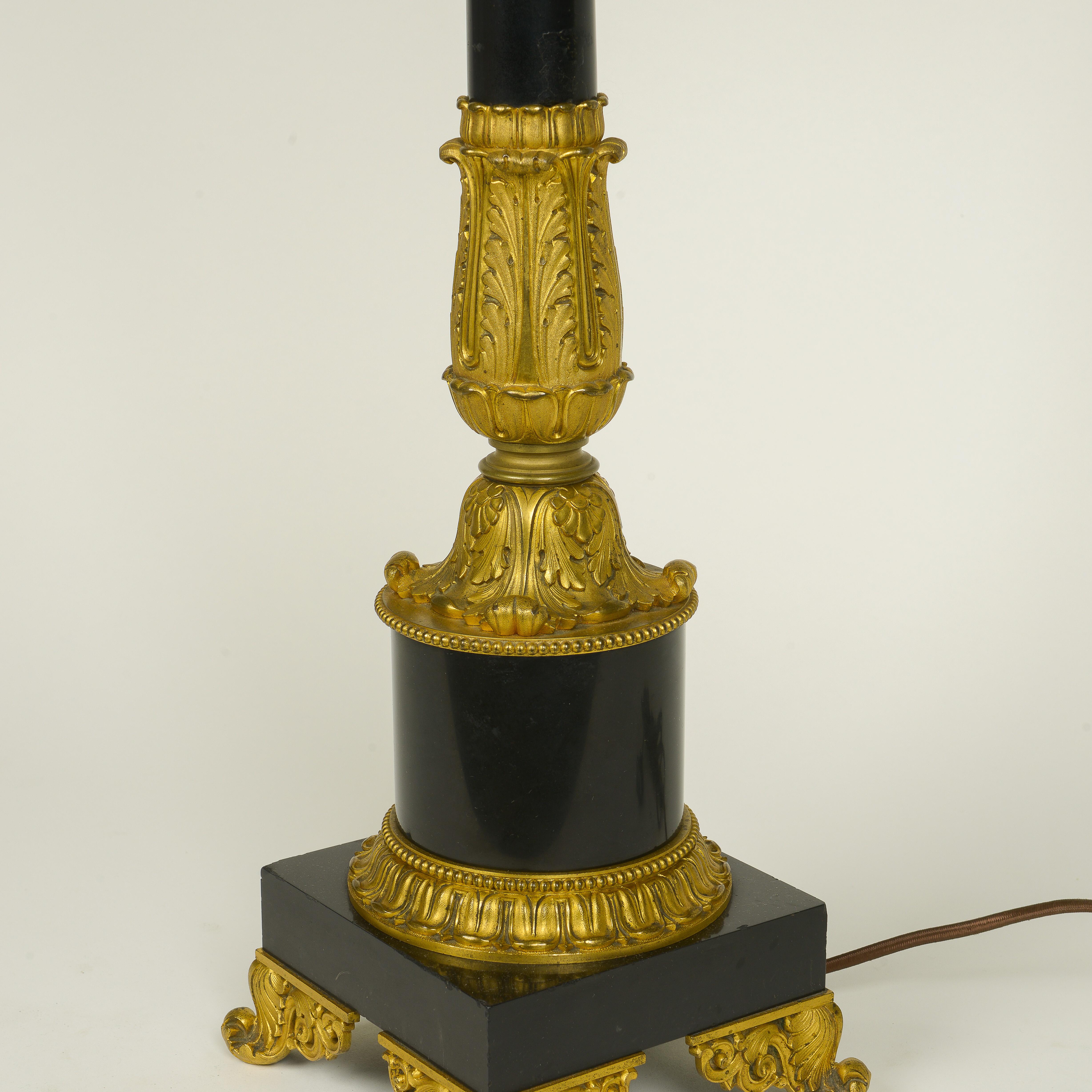 Pair of Empire Style Black Stone and Ormolu Lamps For Sale 4