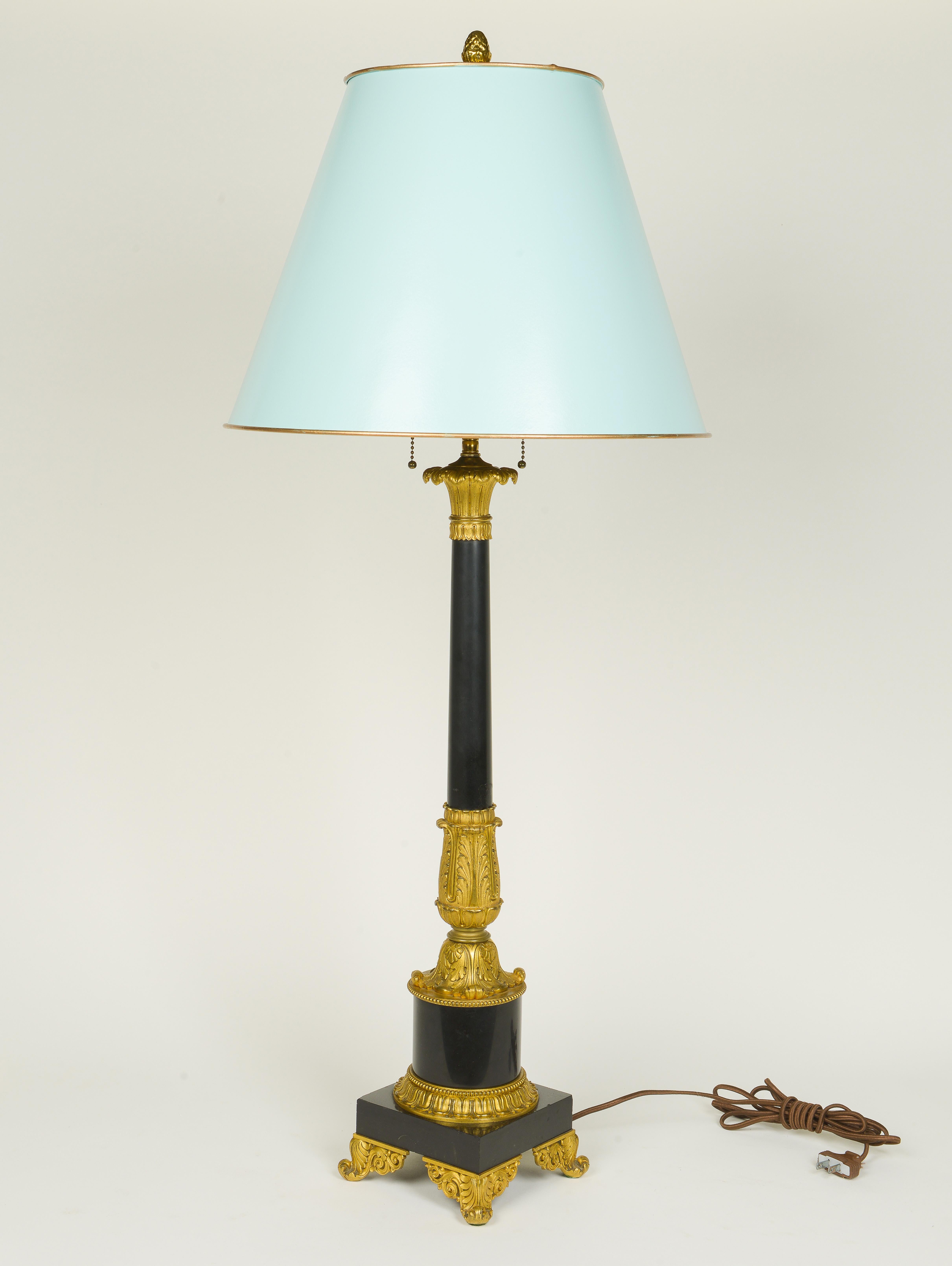 Gilt Pair of Empire Style Black Stone and Ormolu Lamps For Sale