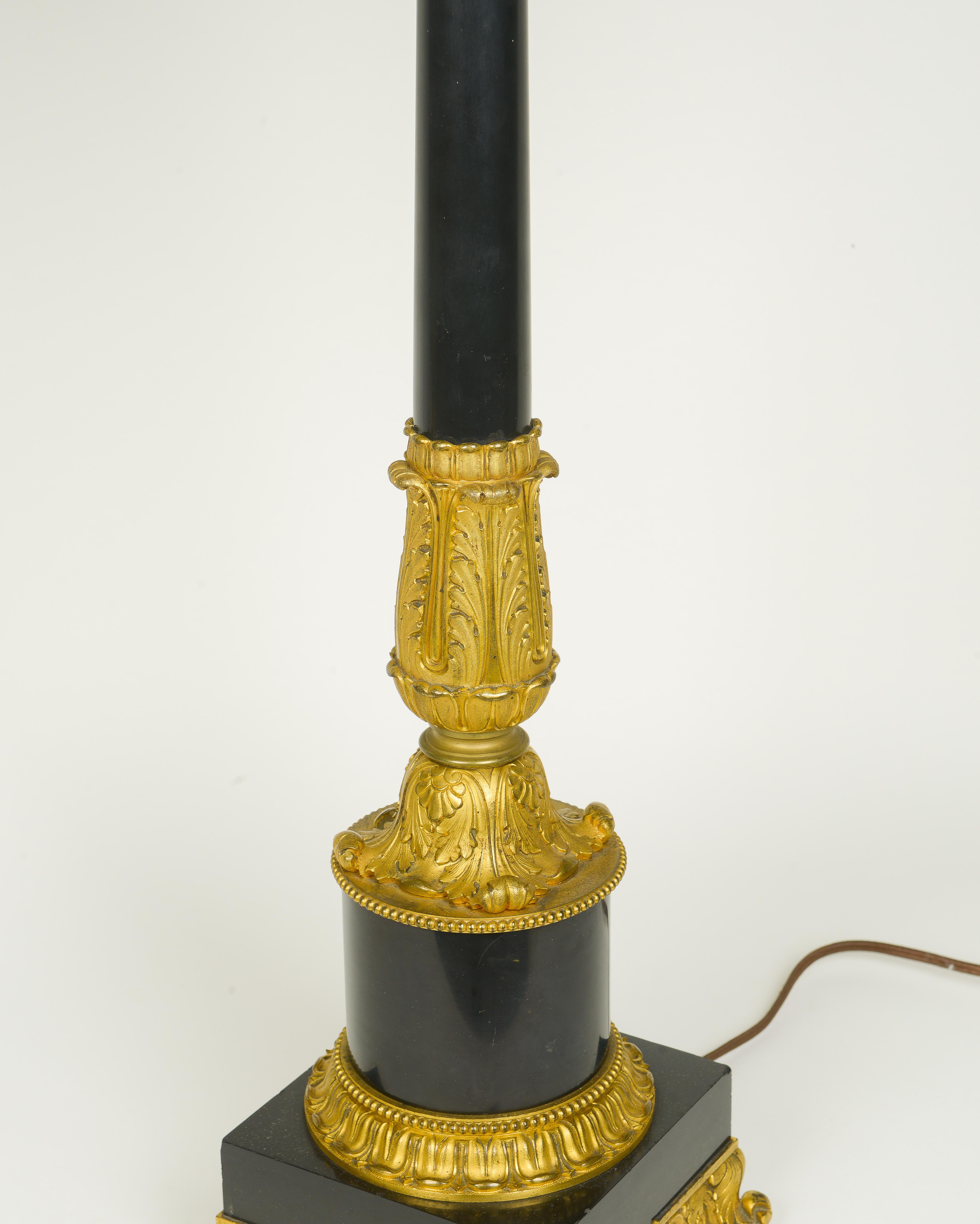 19th Century Pair of Empire Style Black Stone and Ormolu Lamps For Sale