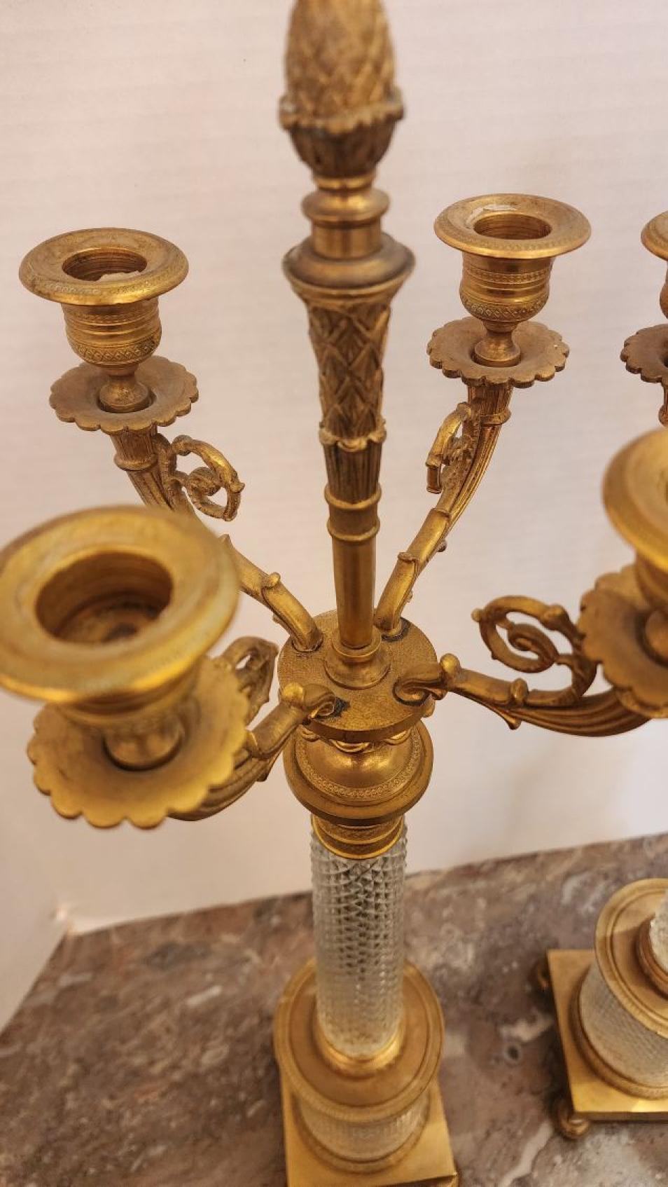Italian Pair of Empire Style Bronze and Crystal Candelabra For Sale