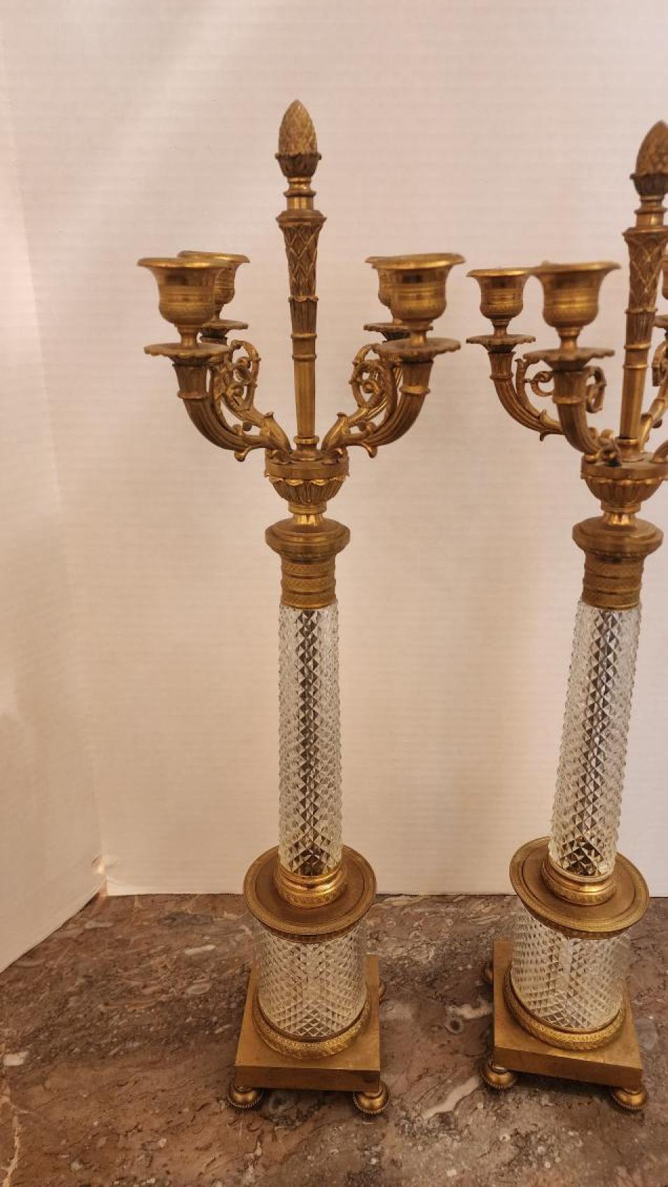 Pair of Empire Style Bronze and Crystal Candelabra In Good Condition For Sale In Dallas, TX