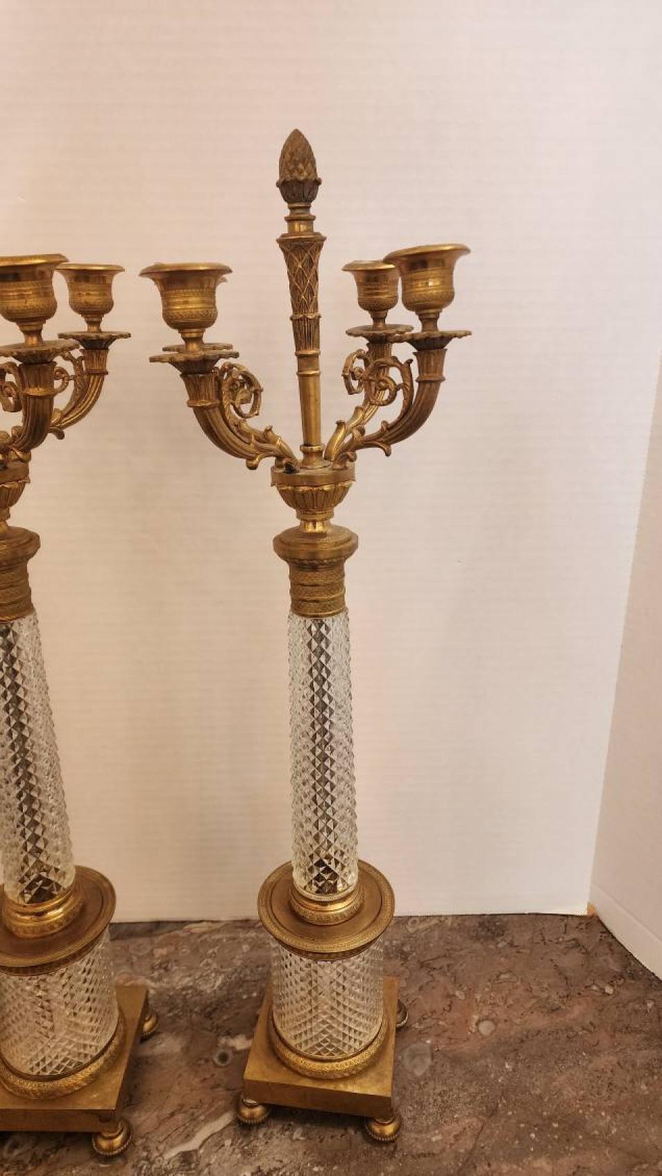 20th Century Pair of Empire Style Bronze and Crystal Candelabra For Sale