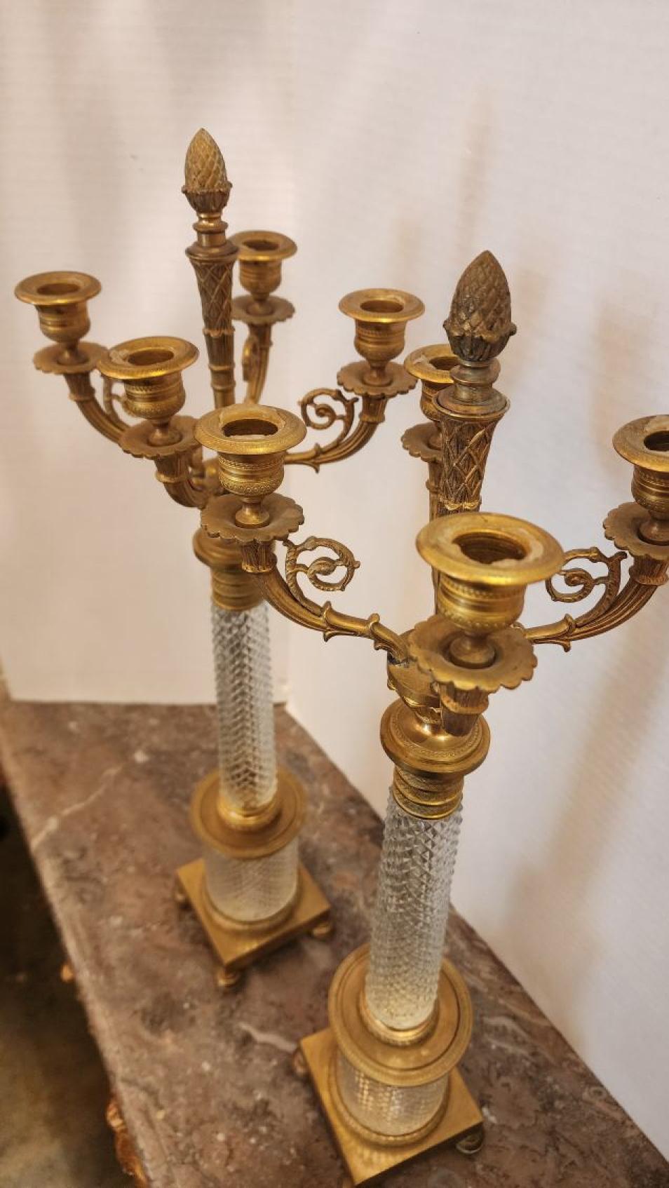 Pair of Empire Style Bronze and Crystal Candelabra For Sale 1